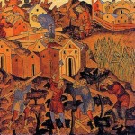 Строительство монастыря. Копия миниатюры из Жития преподобного Сергия. XVI в.